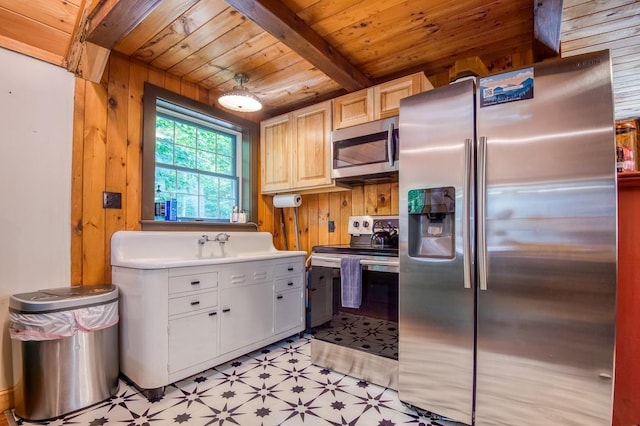 kitchen featuring wooden walls, wooden ceiling, beamed ceiling, stainless steel appliances, and light floors