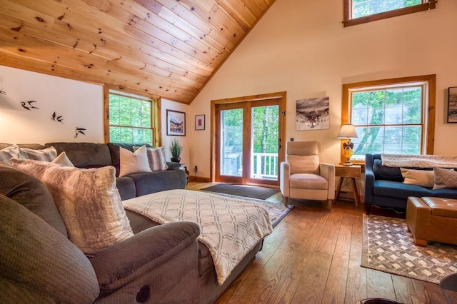 living area featuring high vaulted ceiling, wooden ceiling, and hardwood / wood-style flooring