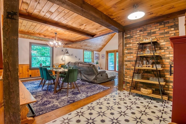 dining space with a wealth of natural light, wood ceiling, and a wainscoted wall