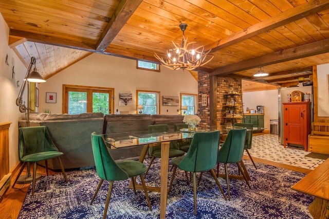 dining space with vaulted ceiling with beams, wood ceiling, a baseboard heating unit, and a notable chandelier