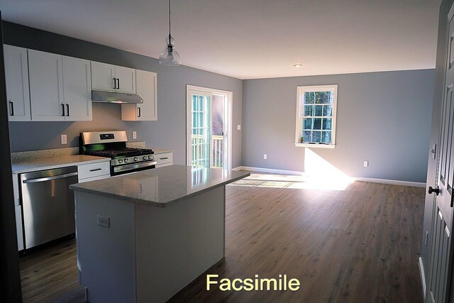 kitchen with appliances with stainless steel finishes, plenty of natural light, a center island, and under cabinet range hood