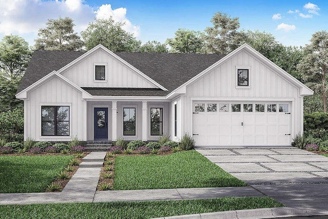 modern inspired farmhouse with a garage, concrete driveway, a shingled roof, and board and batten siding