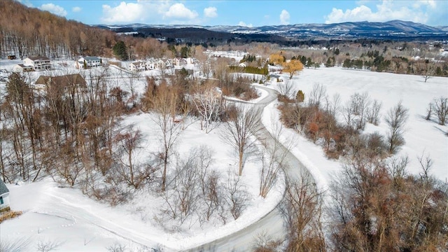 snowy aerial view featuring a mountain view