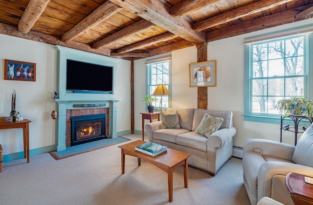 carpeted living area with a brick fireplace, wood ceiling, beamed ceiling, and a baseboard radiator