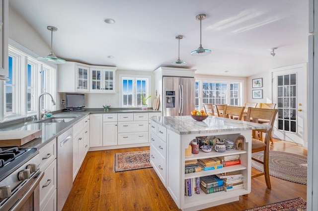 kitchen with wood finished floors, a sink, appliances with stainless steel finishes, open shelves, and pendant lighting