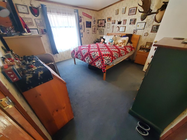 carpeted bedroom featuring crown molding and wallpapered walls