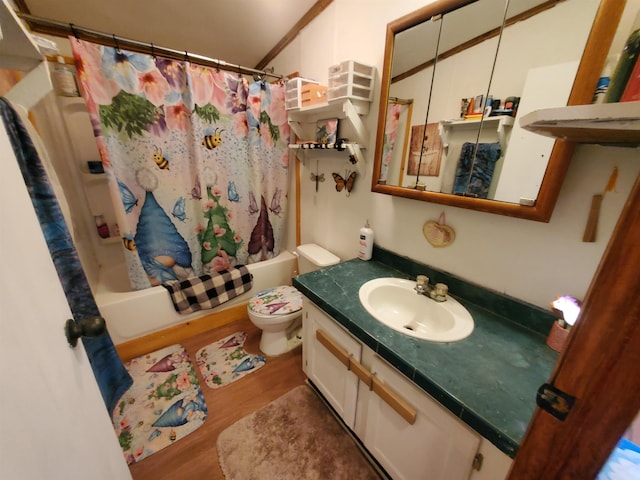 bathroom featuring vanity, shower / bath combination with curtain, wood finished floors, and toilet