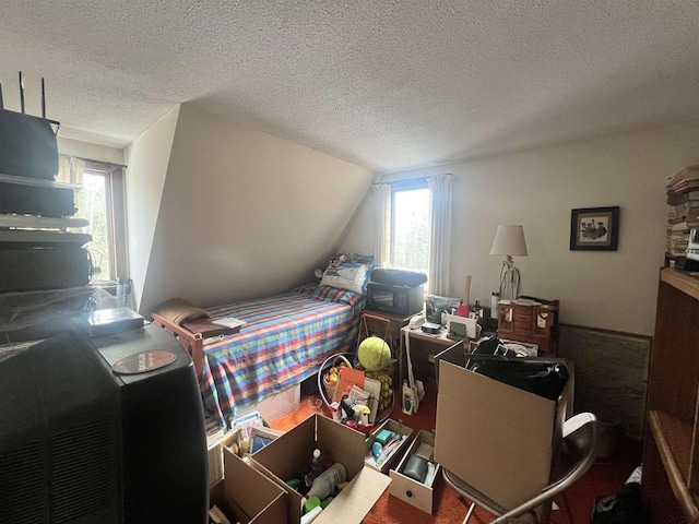 bedroom with lofted ceiling, multiple windows, and a textured ceiling