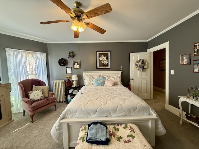 bedroom with crown molding, carpet floors, ceiling fan, and radiator