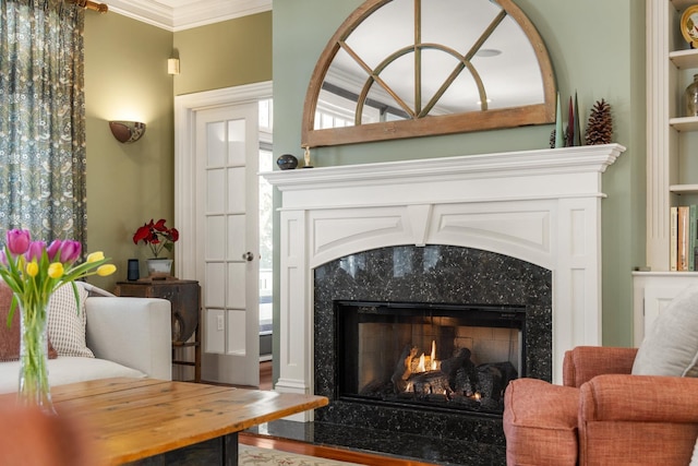 living area featuring a premium fireplace and crown molding