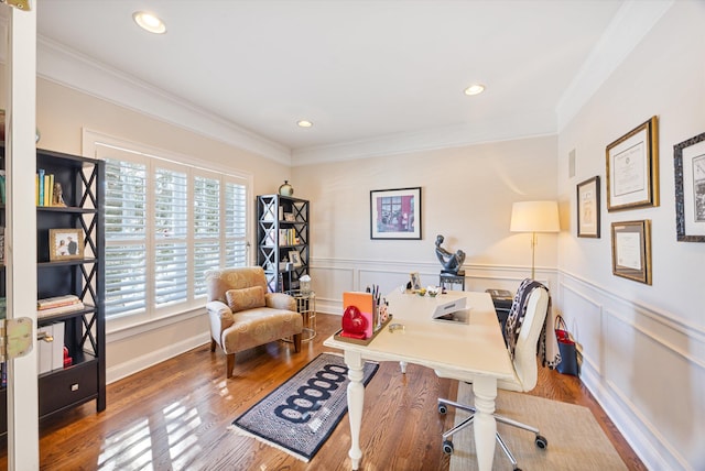 office with recessed lighting, crown molding, wood finished floors, and wainscoting