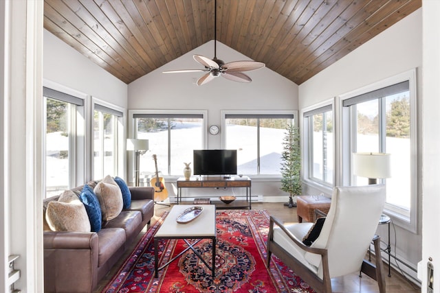 sunroom with wood ceiling, a healthy amount of sunlight, and vaulted ceiling