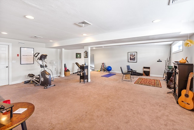 workout room with carpet, visible vents, and recessed lighting