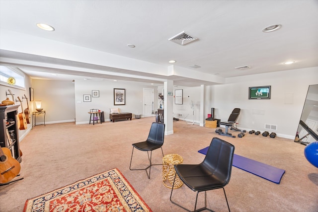 interior space featuring carpet floors, visible vents, and recessed lighting