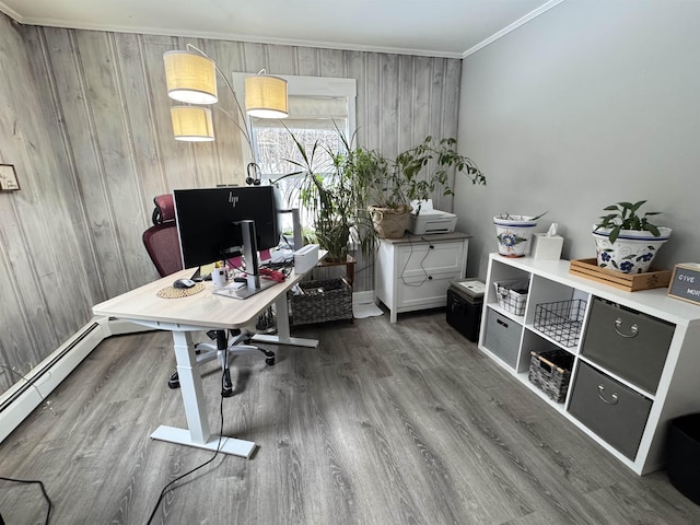 office area with crown molding and wood finished floors