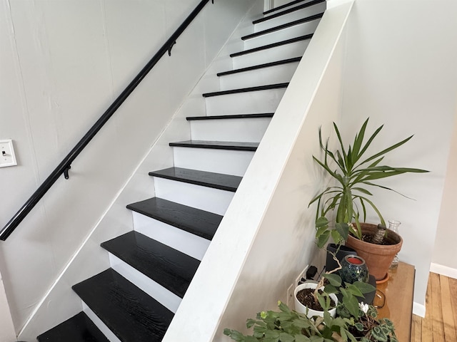 stairs featuring wood finished floors