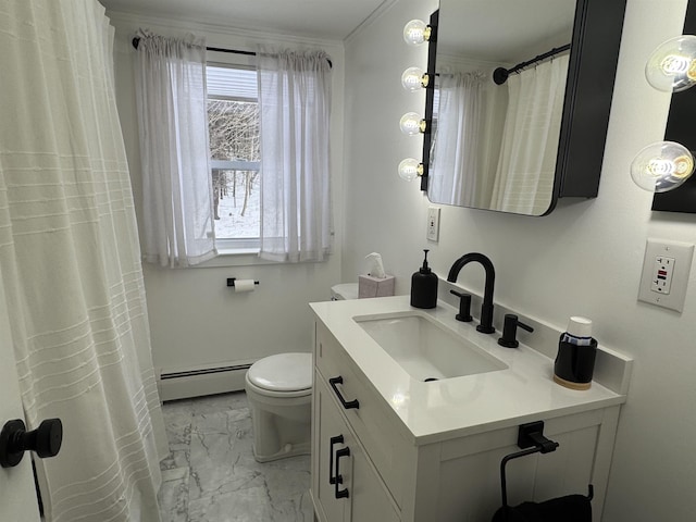 full bath featuring marble finish floor, toilet, vanity, and baseboard heating