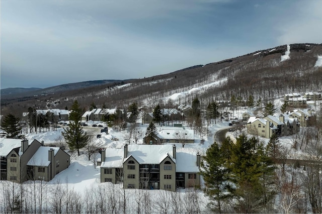 snowy aerial view with a residential view and a mountain view