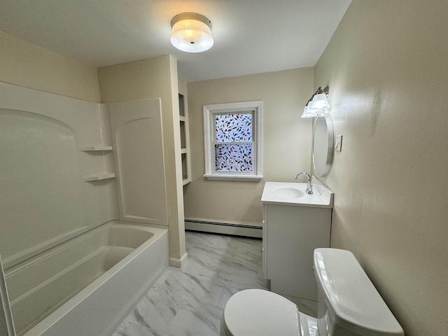 bathroom featuring marble finish floor, shower / bath combination, toilet, baseboard heating, and vanity