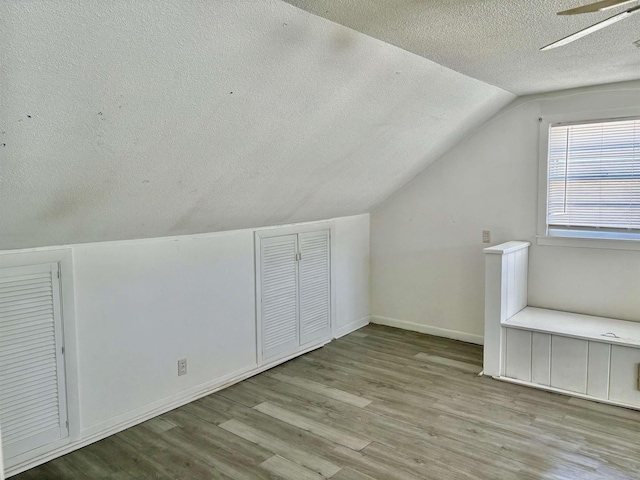 additional living space with lofted ceiling, a textured ceiling, baseboards, and wood finished floors