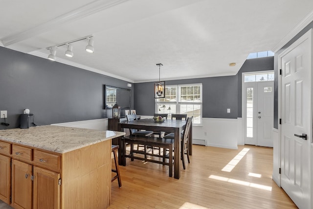 dining area featuring rail lighting, baseboard heating, ornamental molding, wainscoting, and light wood-type flooring