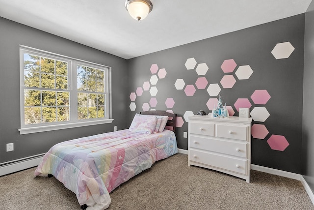 carpeted bedroom featuring a baseboard radiator and baseboards