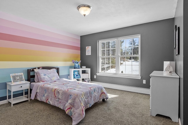 carpeted bedroom featuring baseboards and baseboard heating