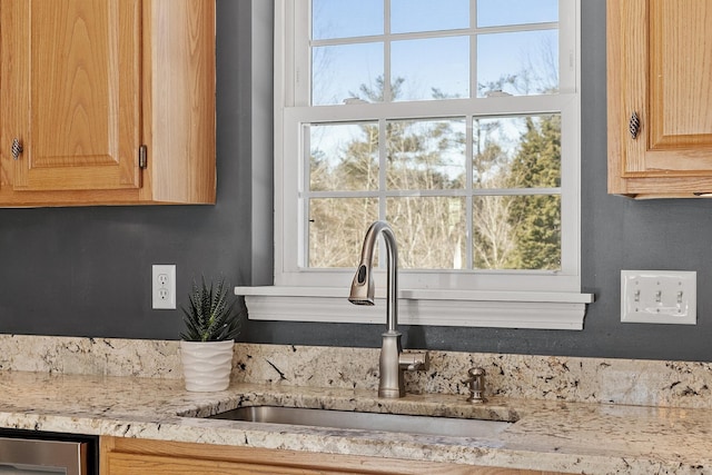 room details with light stone counters, light brown cabinets, and a sink