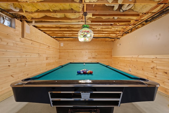 playroom featuring wood walls and billiards