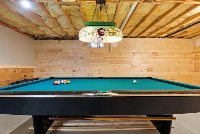 rec room featuring pool table and wooden walls