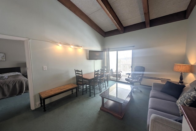 living area with beamed ceiling, carpet flooring, high vaulted ceiling, and a baseboard radiator