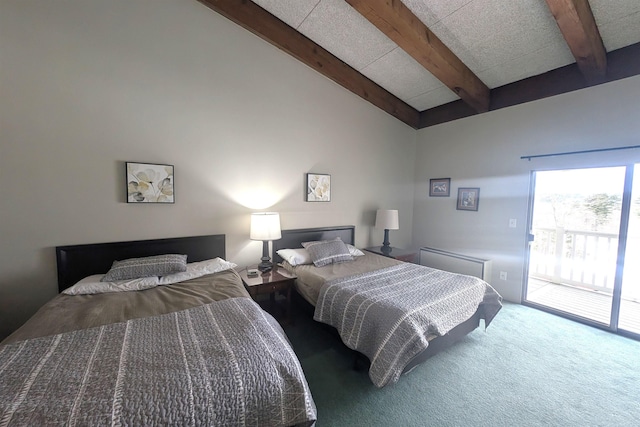 carpeted bedroom with beamed ceiling, high vaulted ceiling, and access to outside