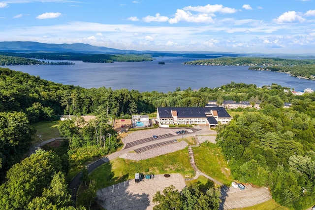 aerial view featuring a forest view and a water view