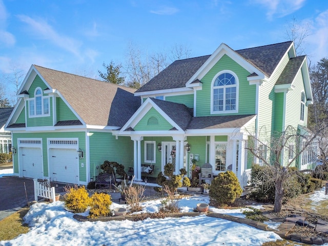 view of front of house with a porch, a shingled roof, an attached garage, and aphalt driveway