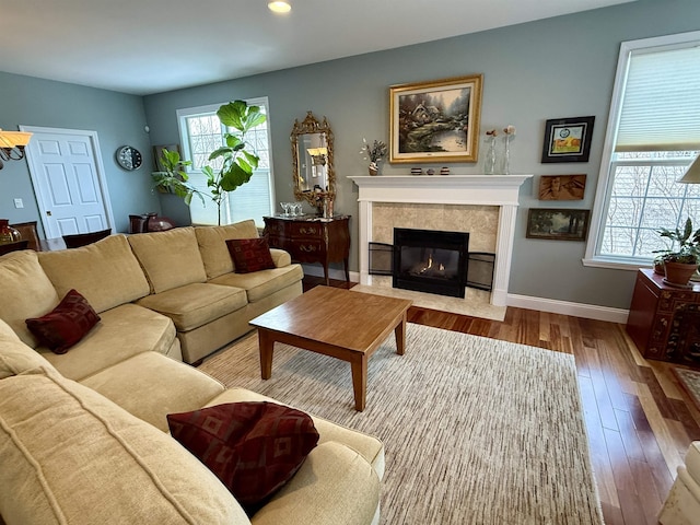 living area featuring plenty of natural light, a fireplace, wood finished floors, and baseboards