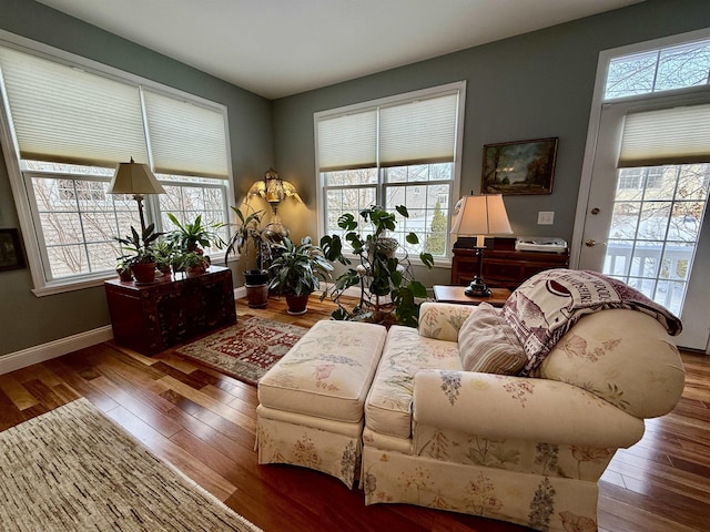 living room featuring hardwood / wood-style flooring, plenty of natural light, and baseboards