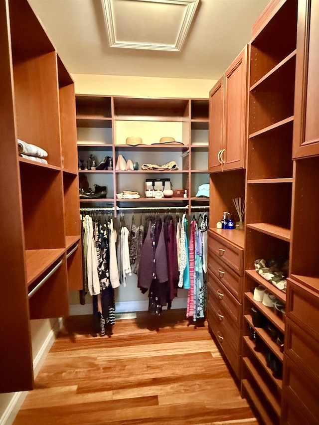 walk in closet with light wood-type flooring and attic access