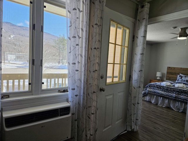 entryway featuring a textured ceiling, a ceiling fan, and wood finished floors