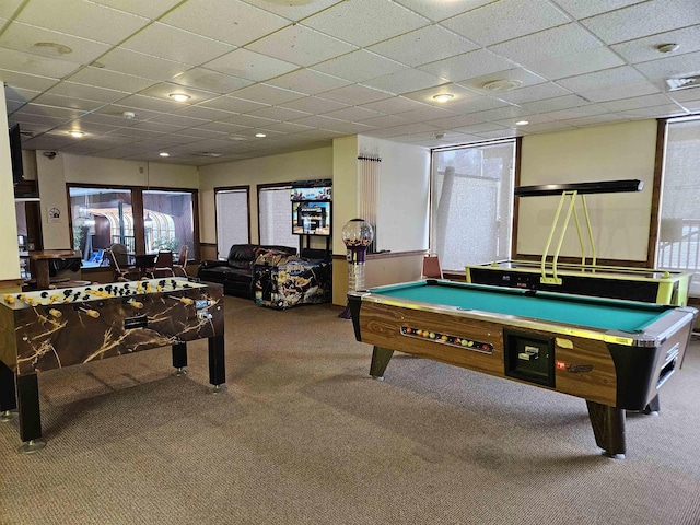 rec room featuring a paneled ceiling, carpet, visible vents, and pool table