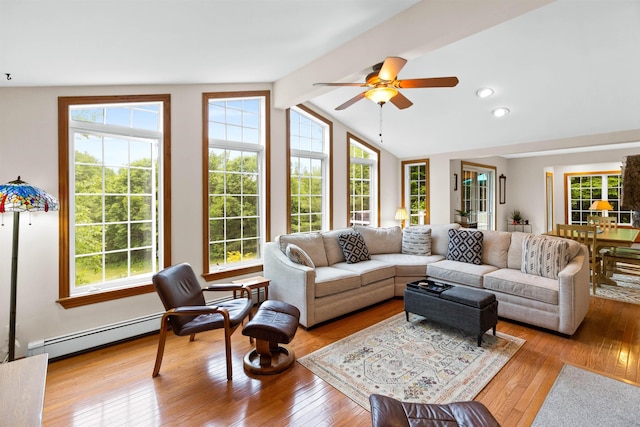 living room with vaulted ceiling with beams, a baseboard radiator, wood-type flooring, and a ceiling fan