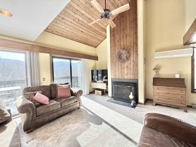 living area featuring a wall mounted AC, a fireplace with flush hearth, wood ceiling, carpet flooring, and high vaulted ceiling