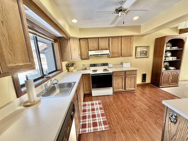 kitchen featuring light countertops, light wood-style flooring, a sink, ventilation hood, and white appliances