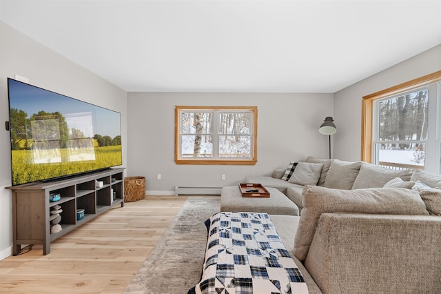 living room featuring light wood-style floors, baseboards, and baseboard heating