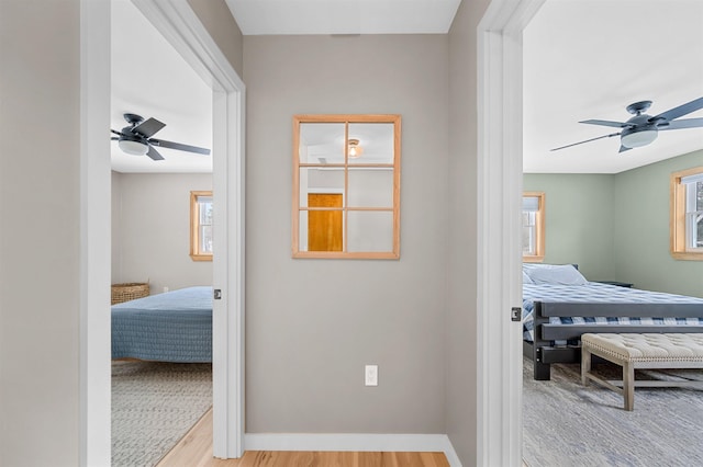 hall featuring plenty of natural light, wood finished floors, and baseboards