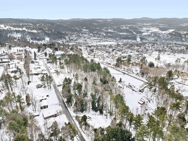 snowy aerial view with a mountain view