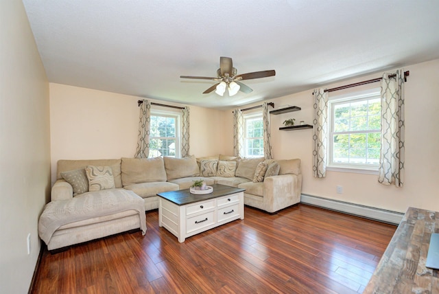 living room featuring dark wood-style floors, ceiling fan, and baseboard heating