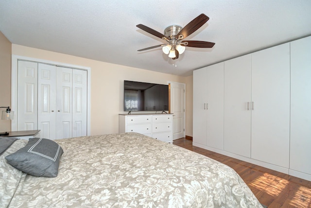 bedroom featuring dark wood-style floors, a textured ceiling, and a ceiling fan