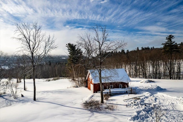 yard covered in snow featuring a garage, driveway, an outdoor structure, and a barn