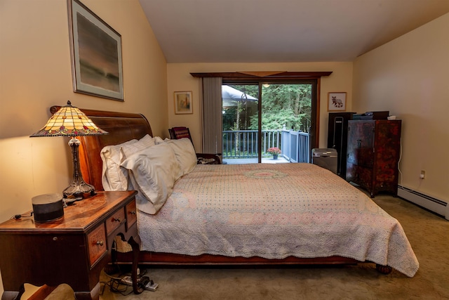 bedroom featuring vaulted ceiling, access to outside, carpet, and a baseboard radiator