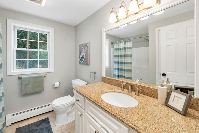 full bathroom with a baseboard radiator, tile patterned flooring, toilet, vanity, and a shower with curtain